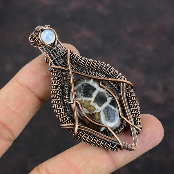 Moroccan Mud Crack Fossil Oval Brown Handmade Copper Wire Wrapped Pendant