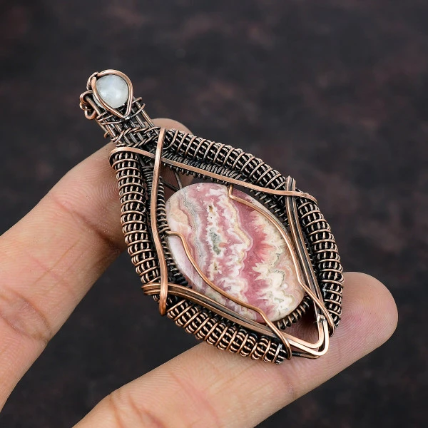 Rhodochrosite Oval Pink Handmade Copper Wire Wrapped Pendant