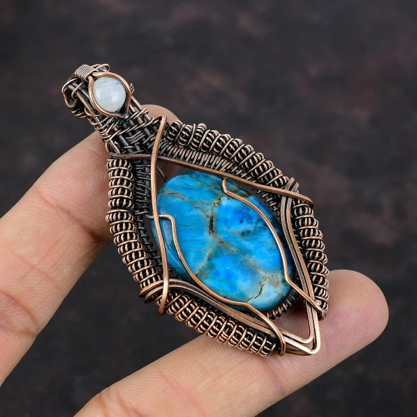 Neon Apatite Oval Blue Handmade Copper Wire Wrapped Pendant