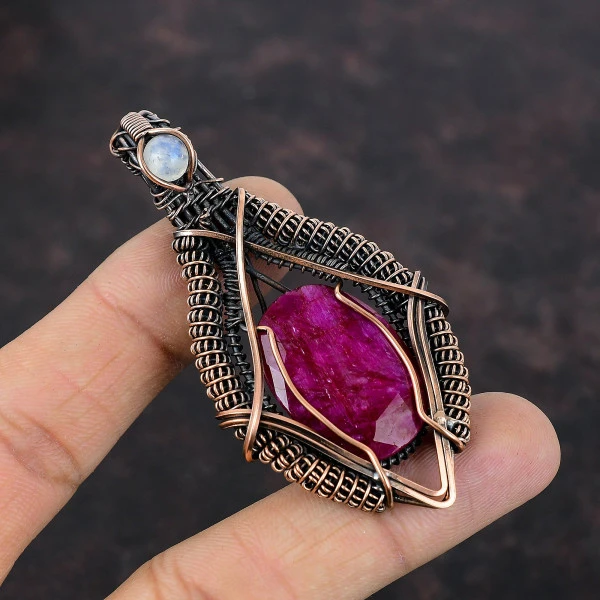 Kashmir Ruby Oval Pink Handmade Copper Wire Wrapped Pendant