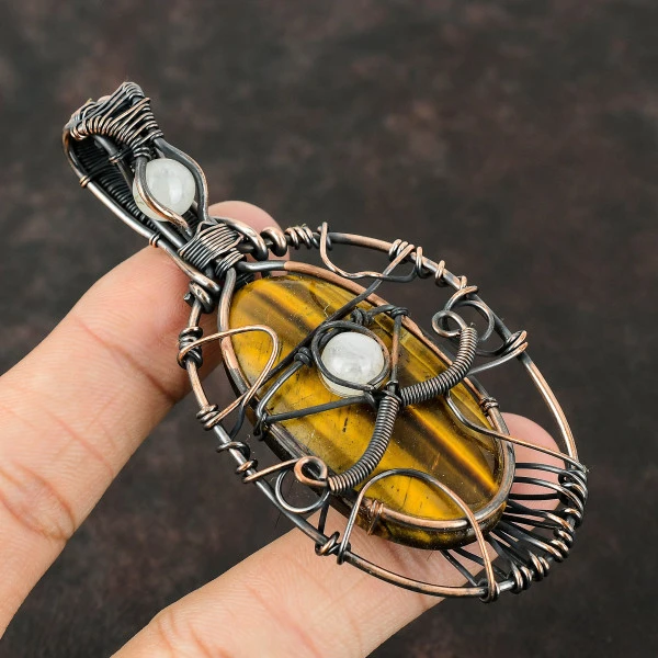 Tiger's Eye Oval Yellow Handmade Copper Wire Wrapped Pendant