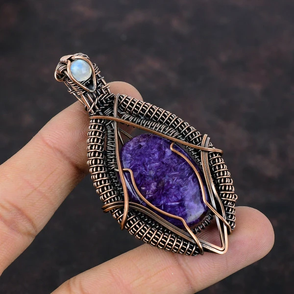 Charoite Oval Purple Handmade Copper Wire Wrapped Pendant