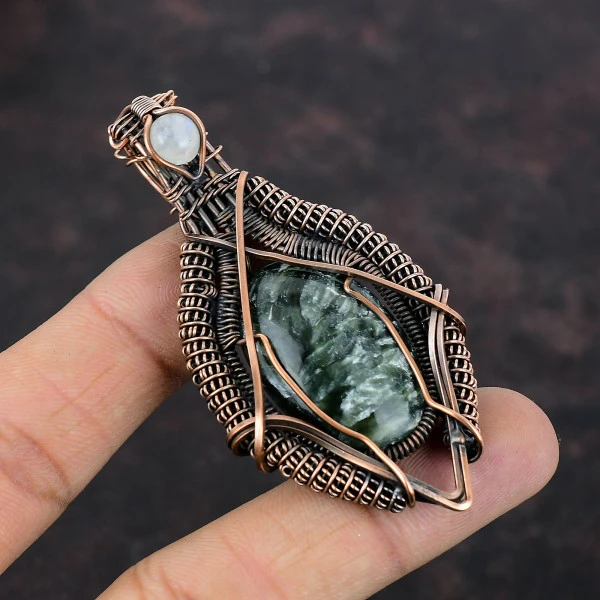 Seraphinite Oval Green Handmade Copper Wire Wrapped Pendant