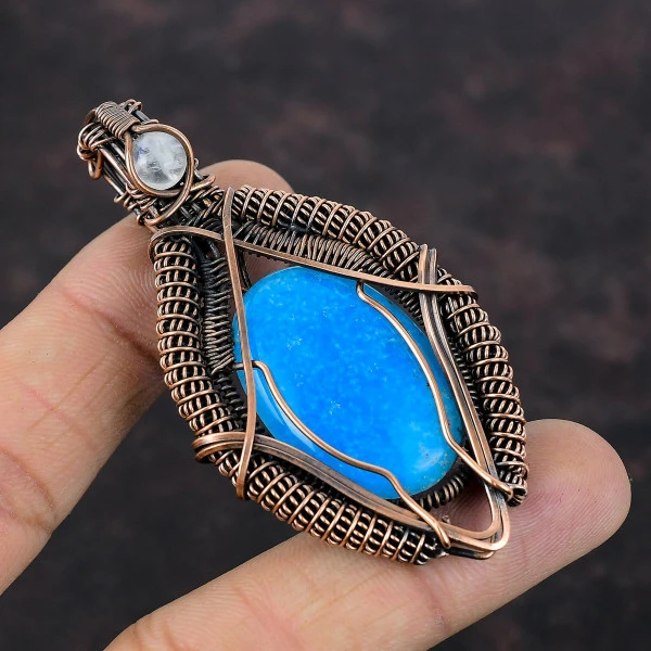 Smithsonite Oval Blue Handmade Copper Wire Wrapped Pendant