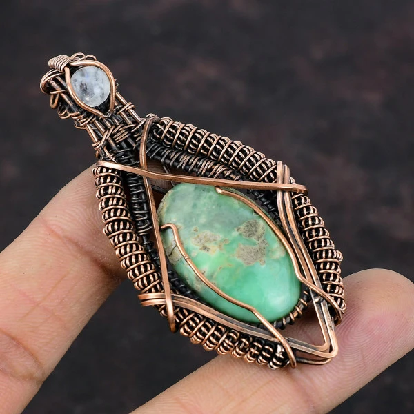 Chrysoprase Oval Green Handmade Copper Wire Wrapped Pendant