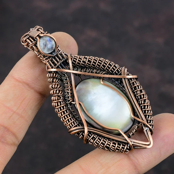 Black Mother Of Pearl Oval Gray Handmade Copper Wire Wrapped Pendant