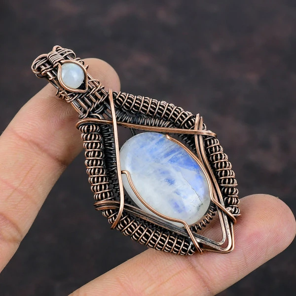 Rainbow Moonstone Oval White Handmade Copper Wire Wrapped Pendant