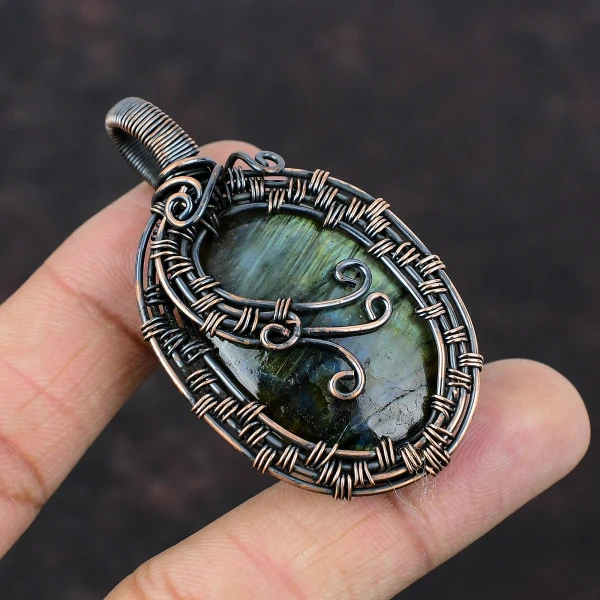 Labradorite Oval Gray Handmade Copper Wire Wrapped Pendant