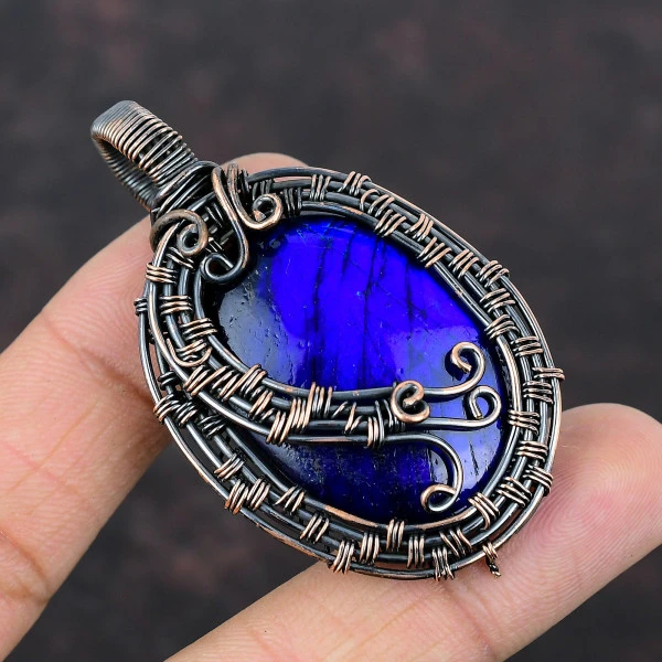 Blue Fire Labradorite Oval Blue Handmade Copper Wire Wrapped Pendant