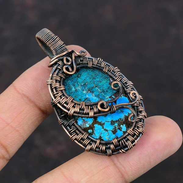 Tibetan Turquoise Oval Blue Handmade Copper Wire Wrapped Pendant