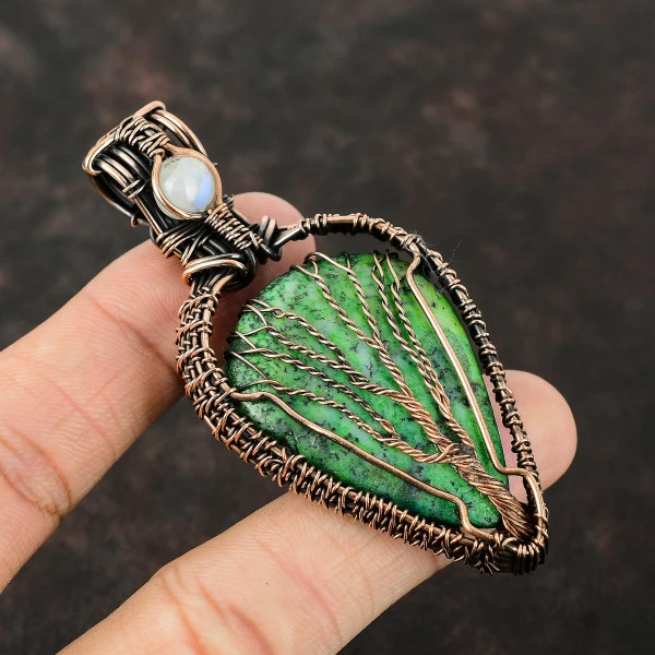 Green Dendrite Opal Pear Green Handmade Copper Wire Wrapped Pendant