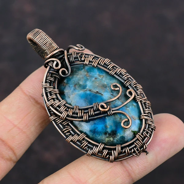 Neon Apatite Oval Blue Handmade Copper Wire Wrapped Pendant