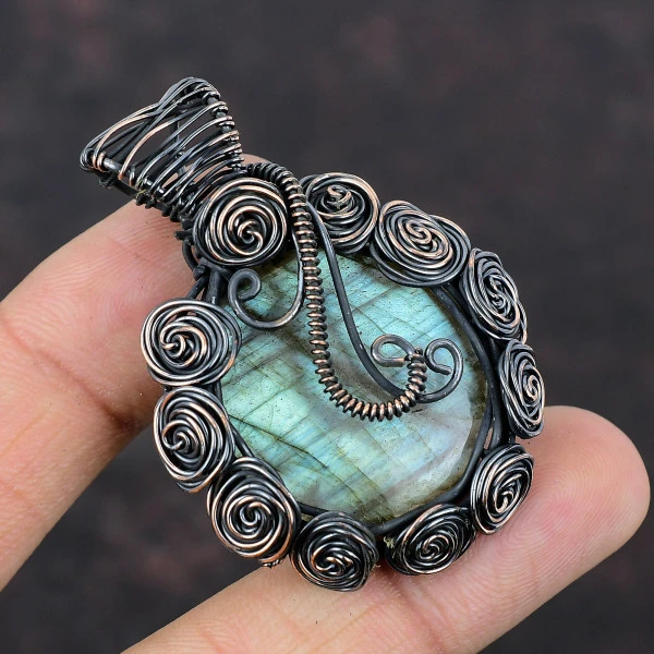 Labradorite Round Gray Handmade Copper Wire Wrapped Pendant