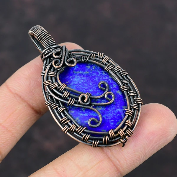 Lapis Lazuli Oval Blue Handmade Copper Wire Wrapped Pendant