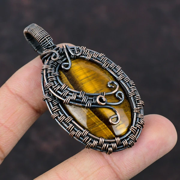 Tiger's Eye Oval Brown Handmade Copper Wire Wrapped Pendant