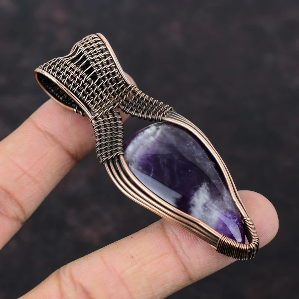 Chevron Amethyst Pear Purple Handmade Copper Wire Wrapped Pendant