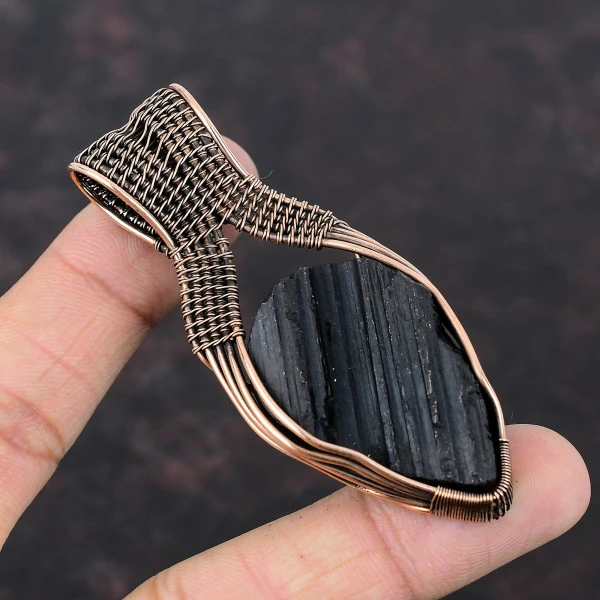 Black Tourmaline Rough Pear Black Handmade Copper Wire Wrapped Pendant