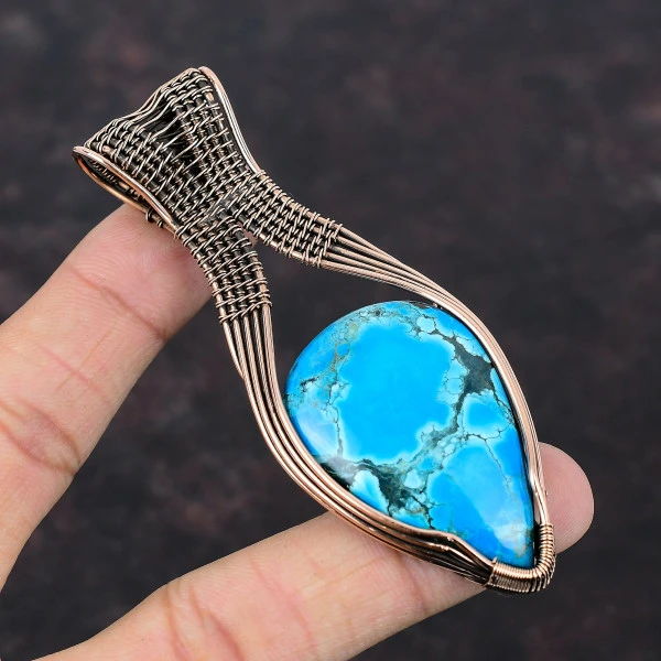 Tibetan Turquoise Pear Blue Handmade Copper Wire Wrapped Pendant
