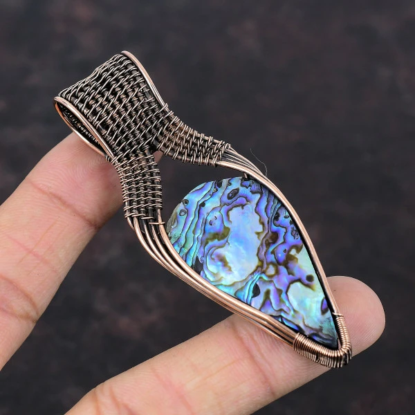 Abalone Shell Pear Blue Handmade Copper Wire Wrapped Pendant