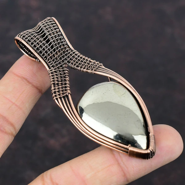 Apache Pyrite Pear Gold Handmade Copper Wire Wrapped Pendant