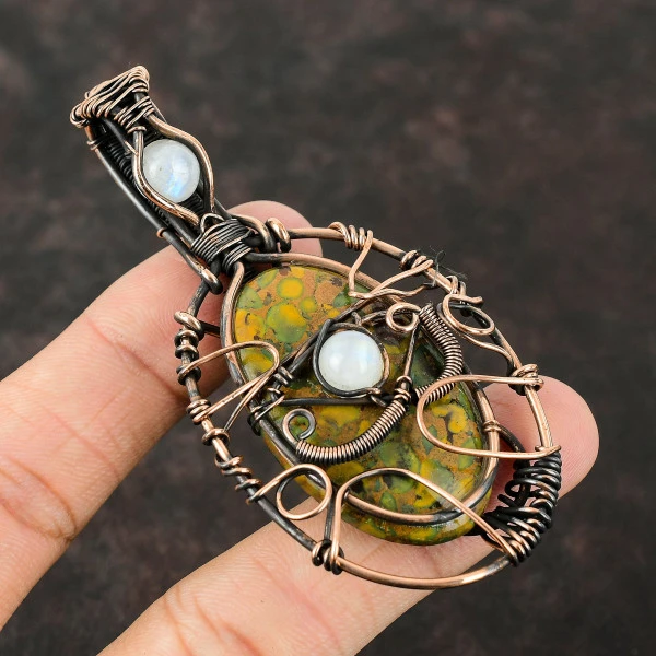 Fruit Jasper Oval Yellow Handmade Copper Wire Wrapped Pendant