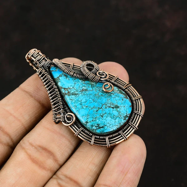 Tibetan Turquoise Pear Blue Handmade Copper Wire Wrapped Pendant