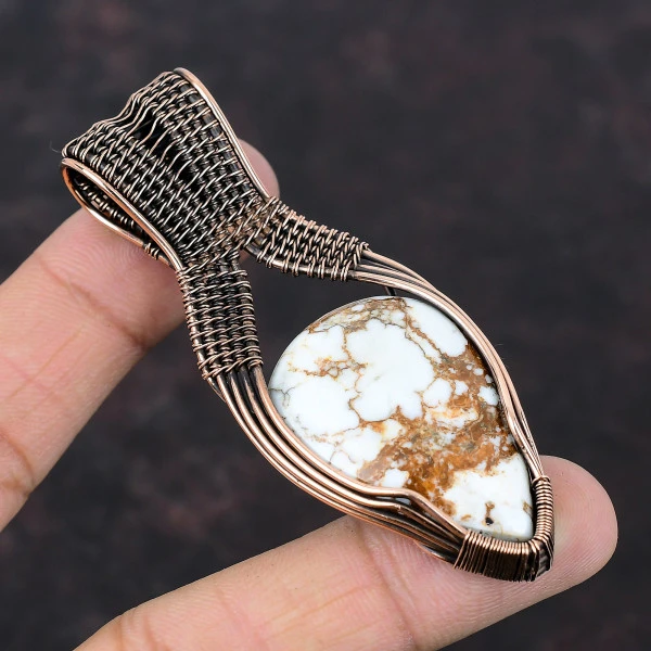 Wild Horse Magnesite Pear White Handmade Copper Wire Wrapped Pendant