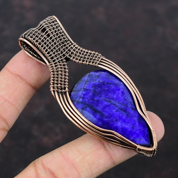 Blue Sapphire Pear Blue Handmade Copper Wire Wrapped Pendant