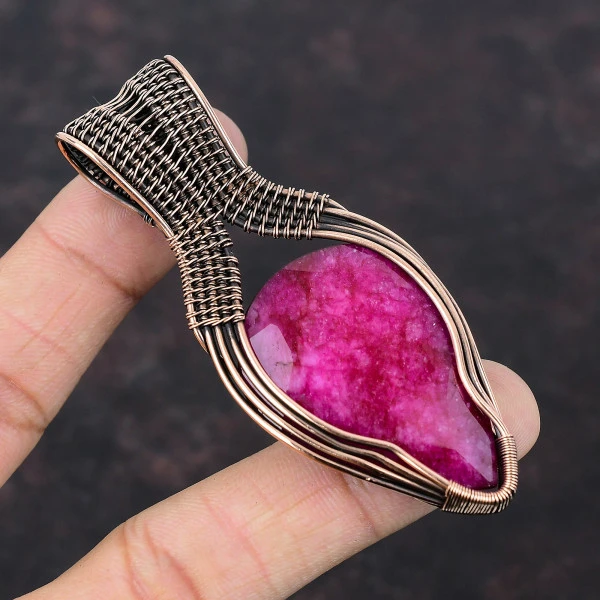Kashmir Ruby Pear Red Handmade Copper Wire Wrapped Pendant