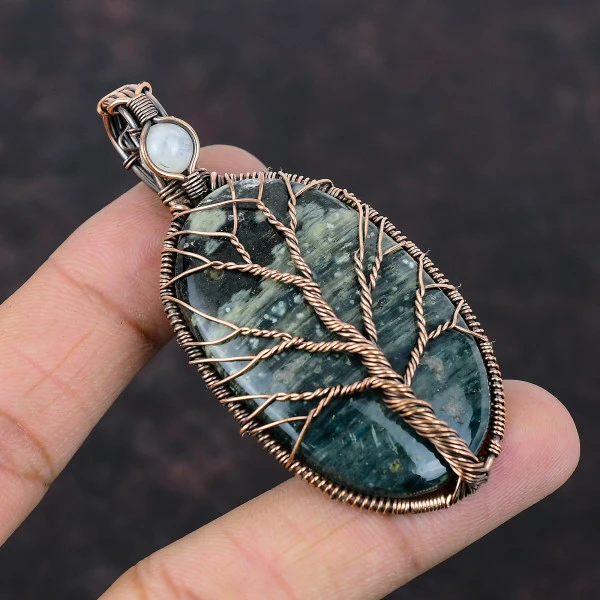 Tree Of Life Ocean Jasper Gemstone Pendant Copper Wire Wrapped Moonstone Jewelry
