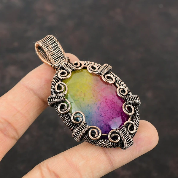 Rainbow Solar Quartz Druzy Oval Pink Handmade Copper Wire Wrapped Pendant