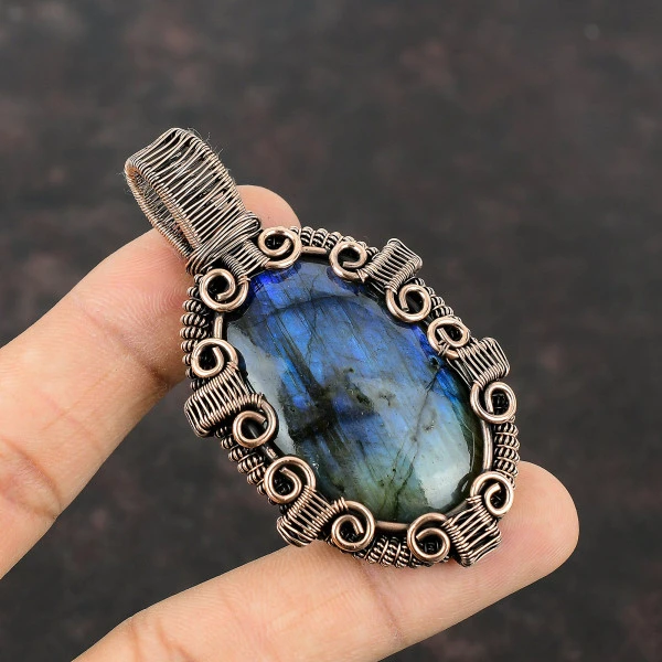 Labradorite Oval Gray Handmade Copper Wire Wrapped Pendant