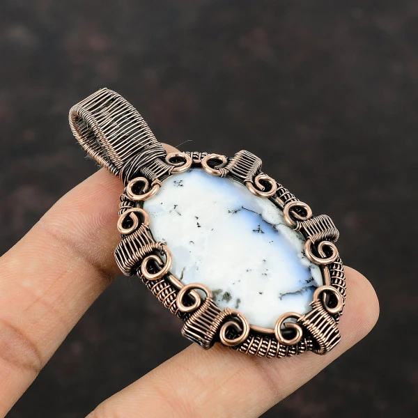 Dendrite Opal Oval White Handmade Copper Wire Wrapped Pendant