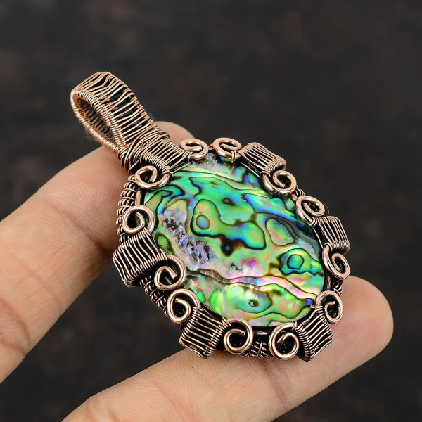 Abalone Shell Oval Green Handmade Copper Wire Wrapped Pendant