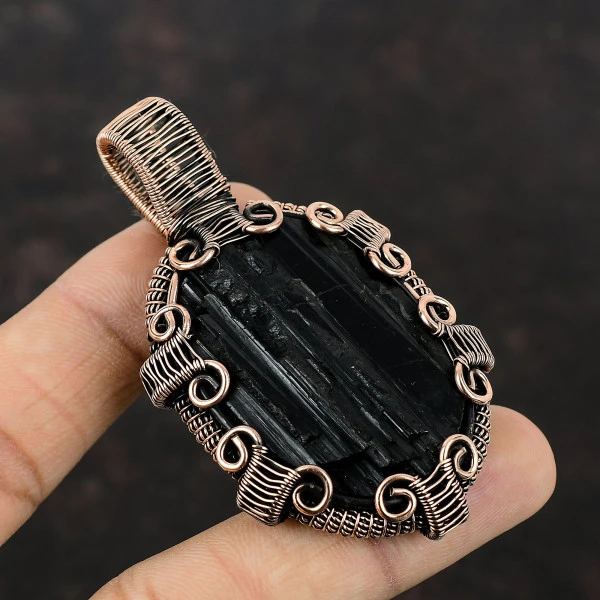 Black Tourmaline Rough Oval Black Handmade Copper Wire Wrapped Pendant