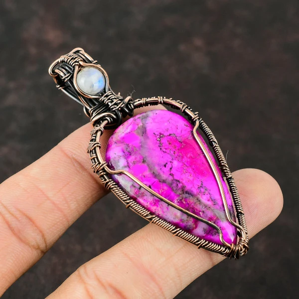Pink Dendrite Opal Pear Pink Handmade Copper Wire Wrapped Pendant