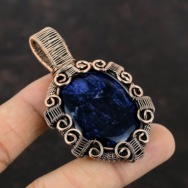 Sodalite Oval Blue Handmade Copper Wire Wrapped Pendant