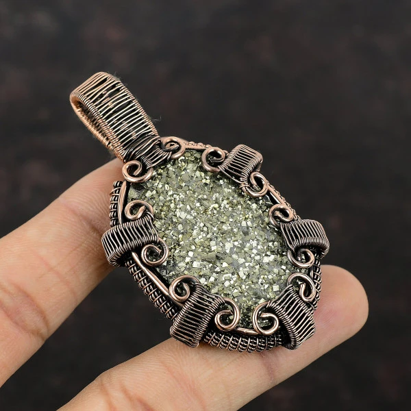 Golden Druzy Oval Gold Handmade Copper Wire Wrapped Pendant