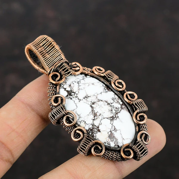 Wild Horse Magnesite Oval White Handmade Copper Wire Wrapped Pendant