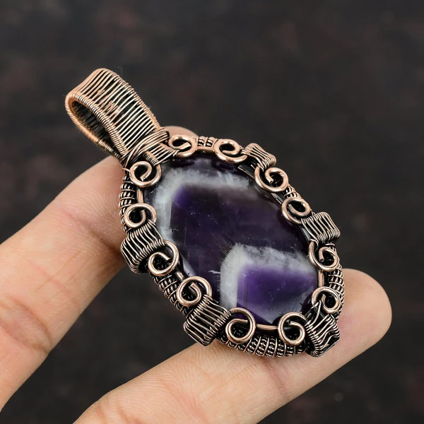 Chevron Amethyst Oval Purple Handmade Copper Wire Wrapped Pendant