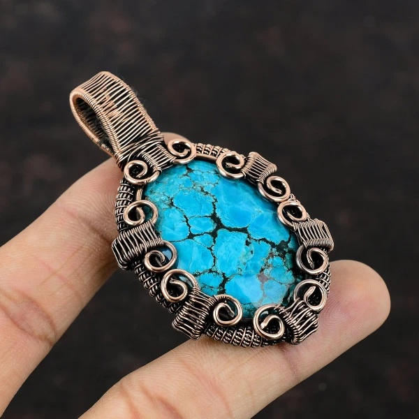Tibetan Turquoise Oval Blue Handmade Copper Wire Wrapped Pendant