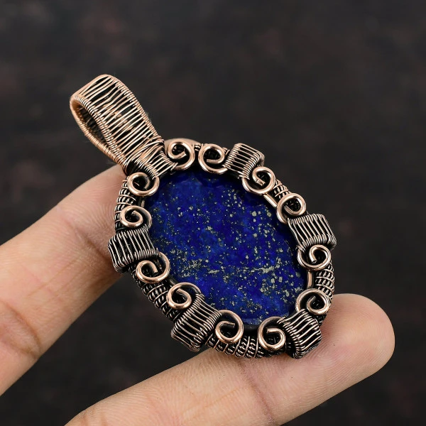 Lapis Lazuli Oval Blue Handmade Copper Wire Wrapped Pendant