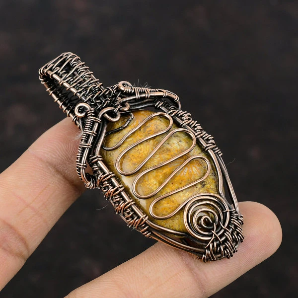 Fossil Coral Oval Yellow Handmade Copper Wire Wrapped Pendant