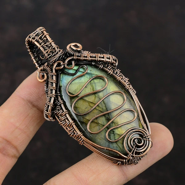 Labradorite Oval Gray Handmade Copper Wire Wrapped Pendant