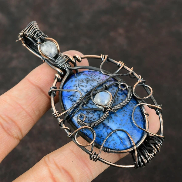Blue Dendrite Opal Oval Blue Handmade Copper Wire Wrapped Pendant