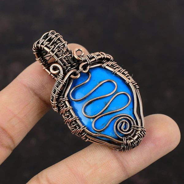 Sleeping Beauty Turquoise Oval Blue Handmade Copper Wire Wrapped Pendant