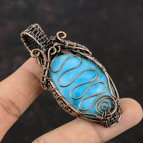 Hemimorphite Oval Blue Handmade Copper Wire Wrapped Pendant