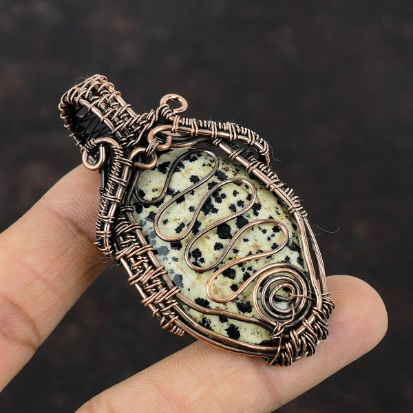 Dalmatian Jasper Oval Black Handmade Copper Wire Wrapped Pendant