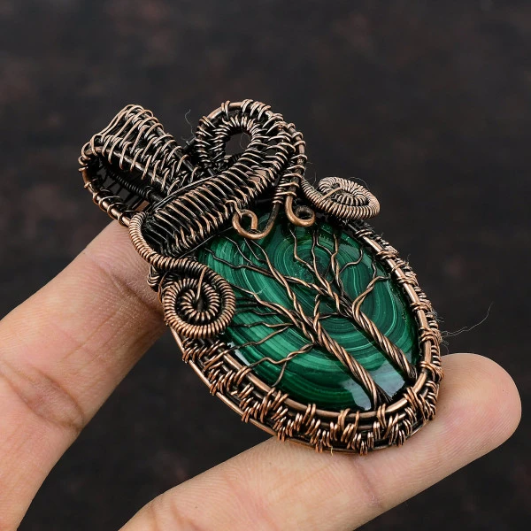 Malachite Oval Green Handmade Copper Wire Wrapped Pendant
