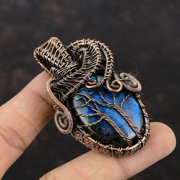 Labradorite Oval Gray Handmade Copper Wire Wrapped Pendant